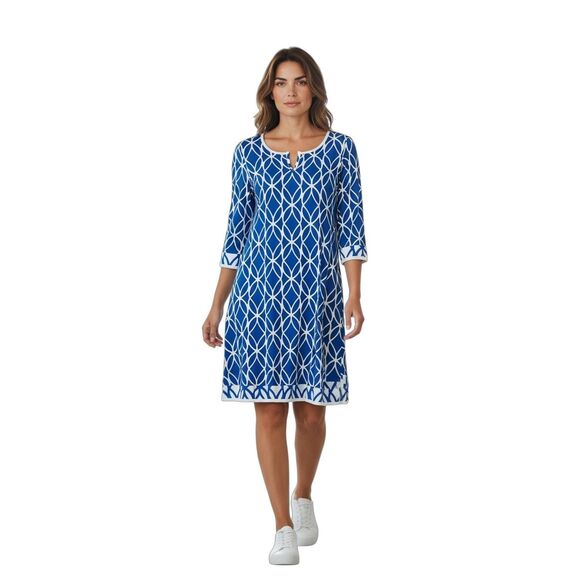 Crown & Ivy Size S Wide Sleeve V-Neck Mini Tunic Dress Blue White Geo Print - Picture 1 of 9